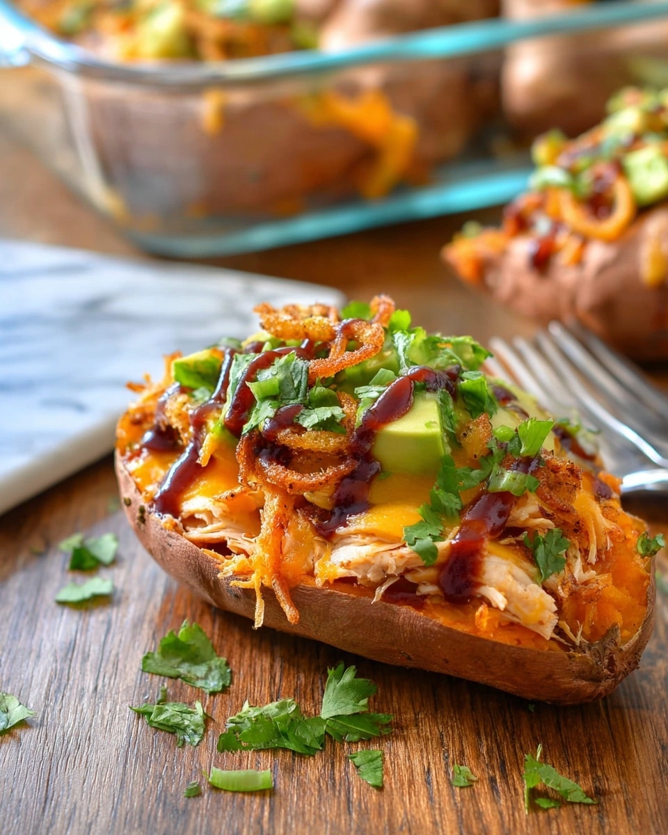 A close-up view of a loaded sweet potato cut in half, filled with a layer of shredded orange cheddar cheese melted over tender pulled chicken glazed with a shiny brown barbecue sauce. On top, there are small green avocado cubes and curly, crispy golden-brown fried onion rings. Fresh chopped green cilantro leaves are sprinkled over everything, adding a fresh contrast. The bottom and edges of the sweet potato are visible in a warm brown tone. The dish is set against a white marbled texture. Photo taken with an iphone --ar 4:5 --v 7