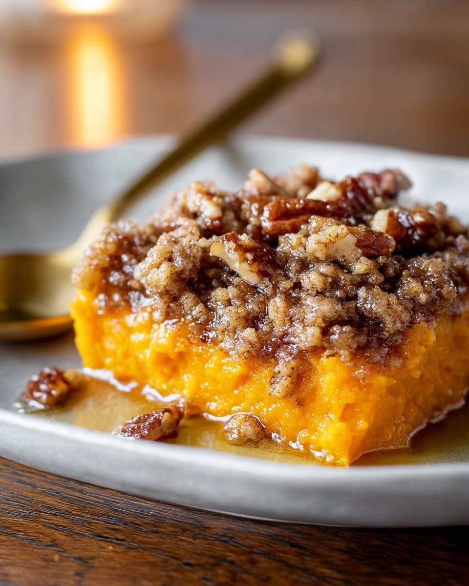 A close-up of a white dish filled with a baked dessert that has two main layers. The bottom layer is bright orange with a smooth, soft, and moist texture, while the top layer is a crumbly, golden brown crust mixed with small, crunchy pecan pieces. A spoon is scooping out a portion of the dessert, showing the contrast between the smooth orange base and the nutty, crispy topping. The background has a white marbled texture. photo taken with an iphone --ar 4:5 --v 7