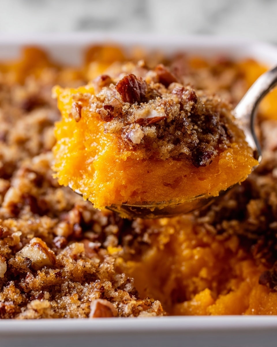A close-up view of a layered dessert served on a white plate with gentle curves. The bottom layer is bright orange, smooth, and soft textured, resembling mashed sweet potato or pumpkin. On top is a thick crumbly layer of brown sugar mixed with pecan pieces, giving a rough texture with shiny sticky syrup drizzling down slightly onto the plate. The dessert fills the plate almost fully, with a golden spoon resting behind it, partly visible. The plate sits on a wooden surface with a soft, warm background glow. Photo taken with an iphone --ar 4:5 --v 7