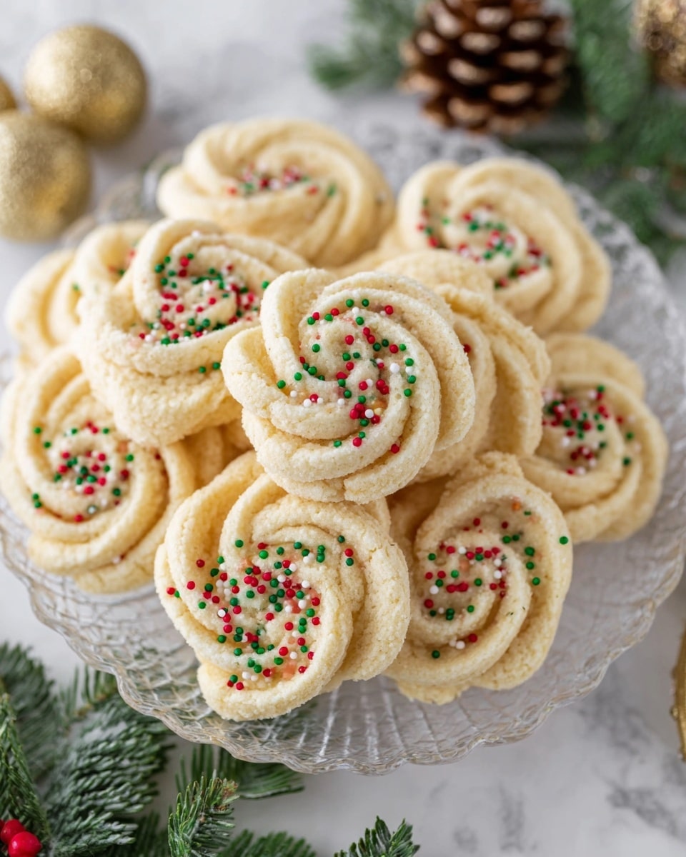 The image shows a clear glass plate filled with light beige swirl-shaped cookies, each with a soft, crumbly texture. Some of the cookies are decorated with small round sprinkles in red, green, and white, scattered on top of their swirls, adding a festive touch. The plate sits on a white marbled surface, and around it, there are hints of green pine leaves, a pinecone, and some gold ornaments, creating a holiday atmosphere. Photo taken with an iphone --ar 4:5 --v 7