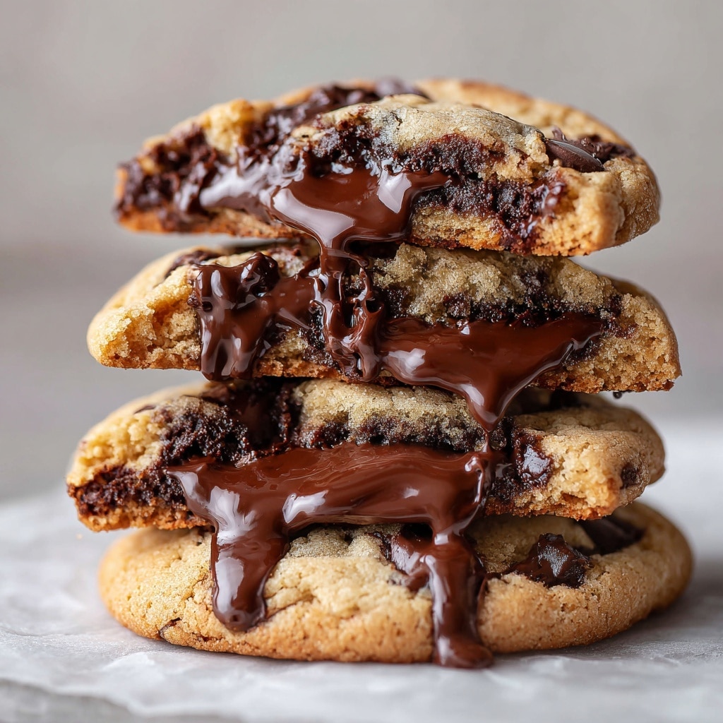 A stack of four large gooey chocolate chip cookies is shown on a white marbled surface. The bottom cookie is whole with a light golden-brown color and visible melted chocolate chunks. Above it, three broken cookies reveal thick, glossy, dark brown melted chocolate flowing out, making each layer look soft and rich. The cookies appear chewy with a slightly cracked surface texture. Melted chocolate drips down from each broken section, adding a messy, indulgent look to the stack. photo taken with an iphone --ar 4:5 --v 7