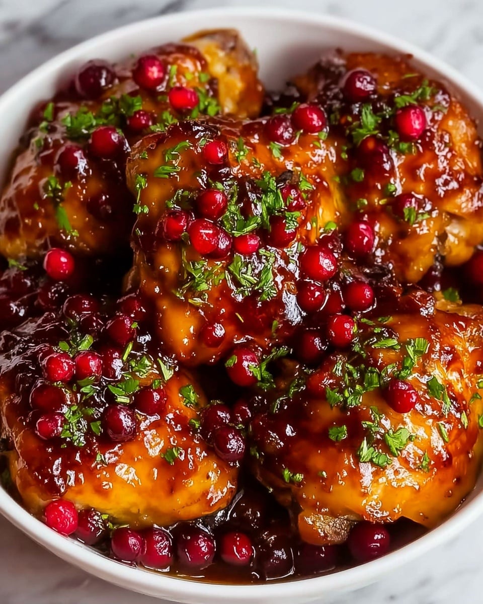 This close-up image shows several pieces of cooked chicken thighs covered in a thick, shiny orange-brown sauce. The chicken has a moist, glossy texture, with whole red berries, possibly cranberries, spread generously on top of each piece. Small pieces of fresh green herbs, likely chopped chives, are sprinkled over the chicken and sauce, adding a fresh pop of color. The chicken sits tightly packed together in a white dish, placed on a white marbled surface. The sauce glistens under the light, making the dish look rich and flavorful. photo taken with an iphone --ar 4:5 --v 7
