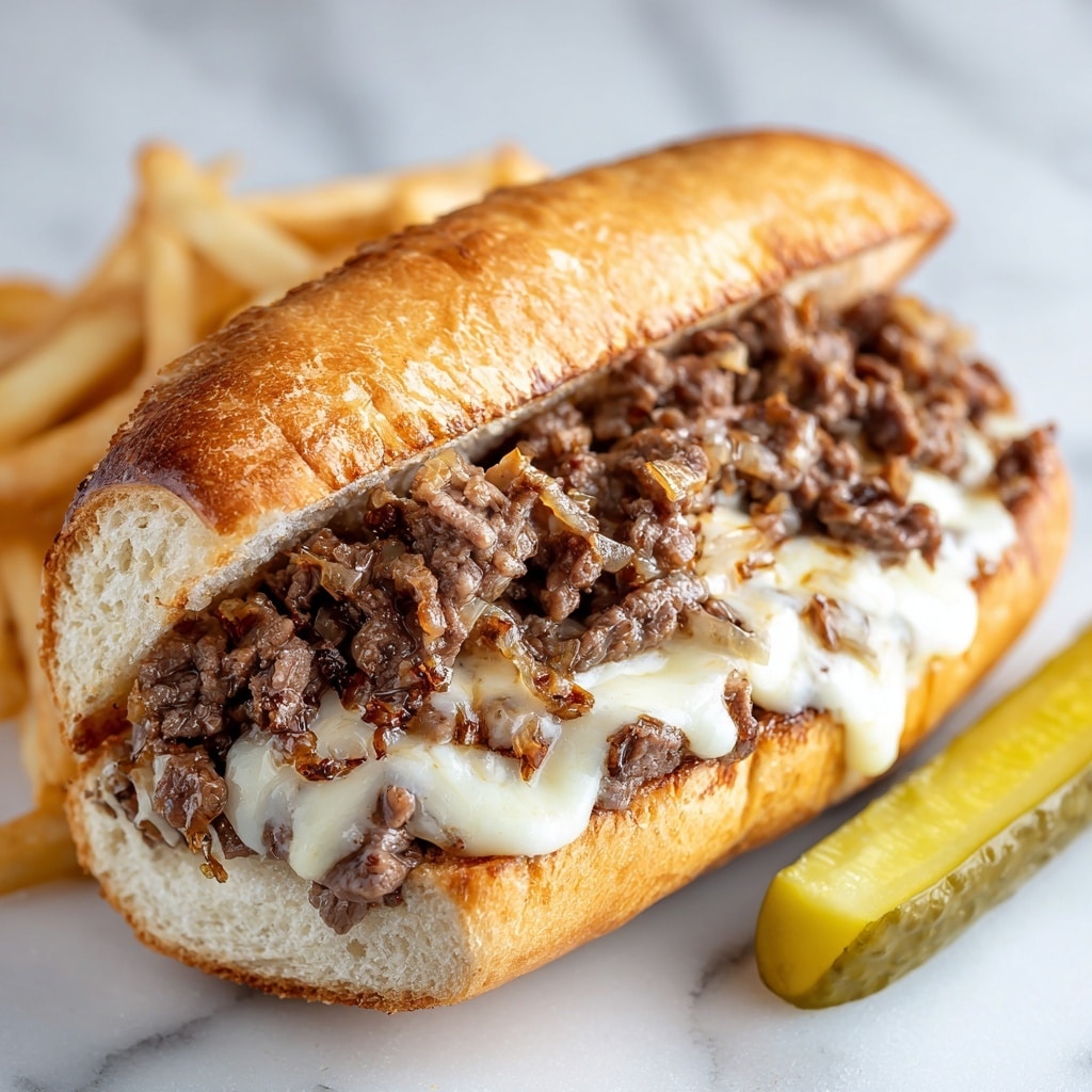 A close-up of a sandwich on a toasted white hoagie roll with two layers: the bottom layer is melted white cheese that looks creamy and stretchy, and the top layer is a generous amount of browned, cooked beef pieces that have some small bits of cooked onions mixed in. To the right side of the sandwich, there is a long pickle spear that is pale yellow-green with a bumpy texture, and below the sandwich, there are light golden-yellow French fries spread loosely. All of this is placed on a white marbled surface. photo taken with an iphone --ar 4:5 --v 7