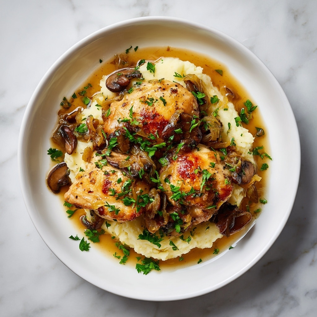 A white plate holds a dish with three main layers: the bottom layer is creamy, smooth, and pale yellow, looking like mashed potatoes or grits; on top of it sits a thick piece of browned, crispy chicken with a golden crust; the whole dish is covered in a glossy, rich brown sauce that pools around the base and is sprinkled generously with fresh green herbs. The background shows a blurred white bowl on a white marbled surface. Photo taken with an iphone --ar 4:5 --v 7
