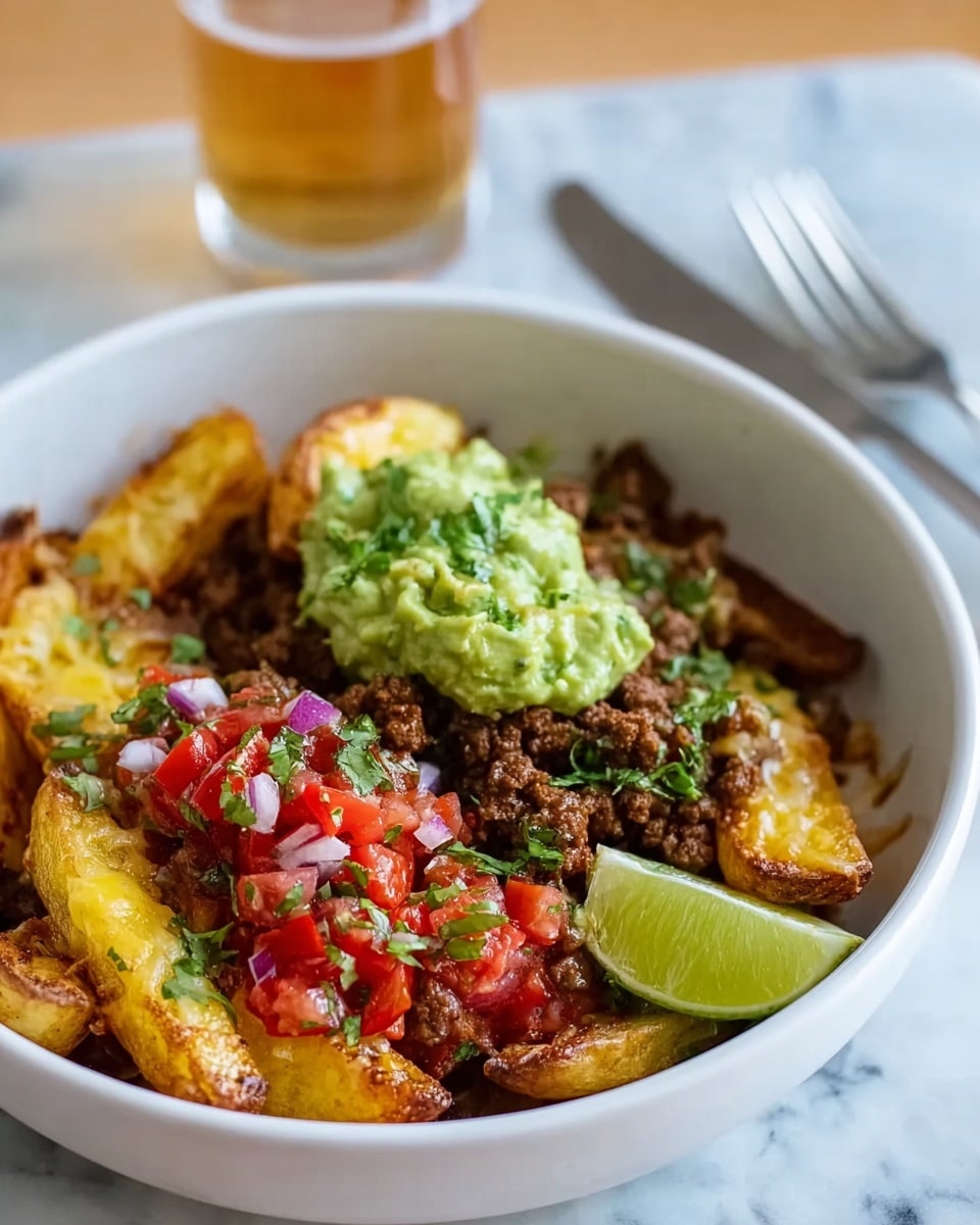 A white bowl holds a layered dish starting with a base of golden-brown roasted potato cubes, topped with a layer of cooked ground beef mixed with melted cheese that gives a creamy yellow contrast. On top of this is a fresh layer of green guacamole and a bright mix of diced red tomatoes and finely chopped purple onions scattered on the side, with a lime wedge placed at the edge inside the bowl. The bowl sits on a white marbled surface. In the upper right corner, there is a transparent cup filled with a light amber drink and ice cubes. Next to the bowl on the right side, a gray fork lays partly on a white napkin, and a woman's hand is about to grab it. Photo taken with an iphone --ar 4:5 --v 7