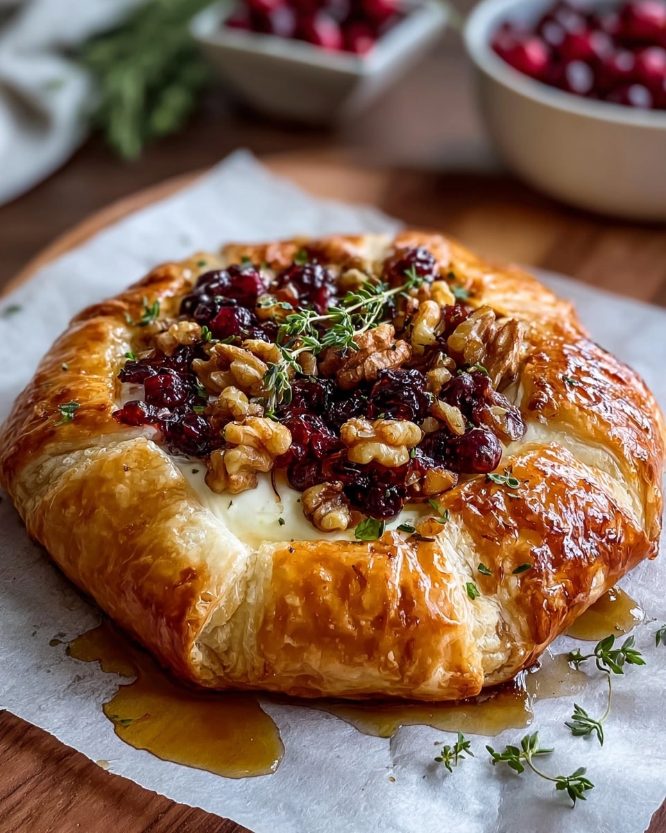 A round pastry with flaky, golden-brown layers forms the base, shiny with a glaze on top. The center is packed with dark red cranberries and crunchy light brown walnuts, topped with small green sprigs of herbs. The pastry edges are folded inward slightly, creating a small ridge around the filling. It rests on white parchment paper, placed on a wooden table with a white marbled texture background. Photo taken with an iphone --ar 4:5 --v 7