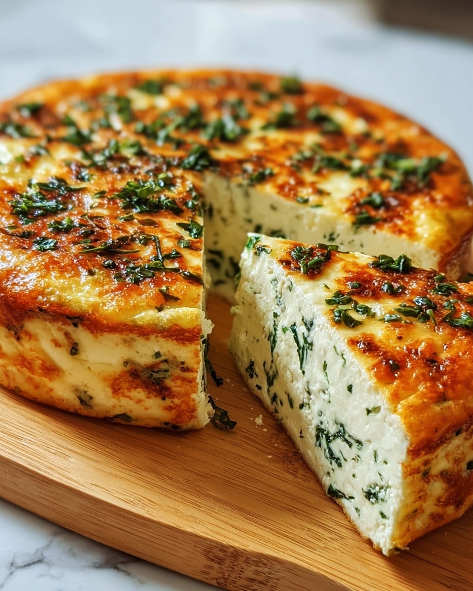 A thick round frittata with two visible layers sits on a wooden board over a white marbled surface. The bottom layer is creamy white and speckled with chopped green herbs and spinach, showing a soft, fluffy texture. The top layer is a golden-brown baked cheese layer, dotted with melted herbs and spinach, giving it a slightly crispy and textured appearance. A slice is cut out, revealing the inside layers clearly, with more herbs sprinkled on top. The light highlights the smoothness of the egg and the browning on the surface. Photo taken with an iphone --ar 4:5 --v 7