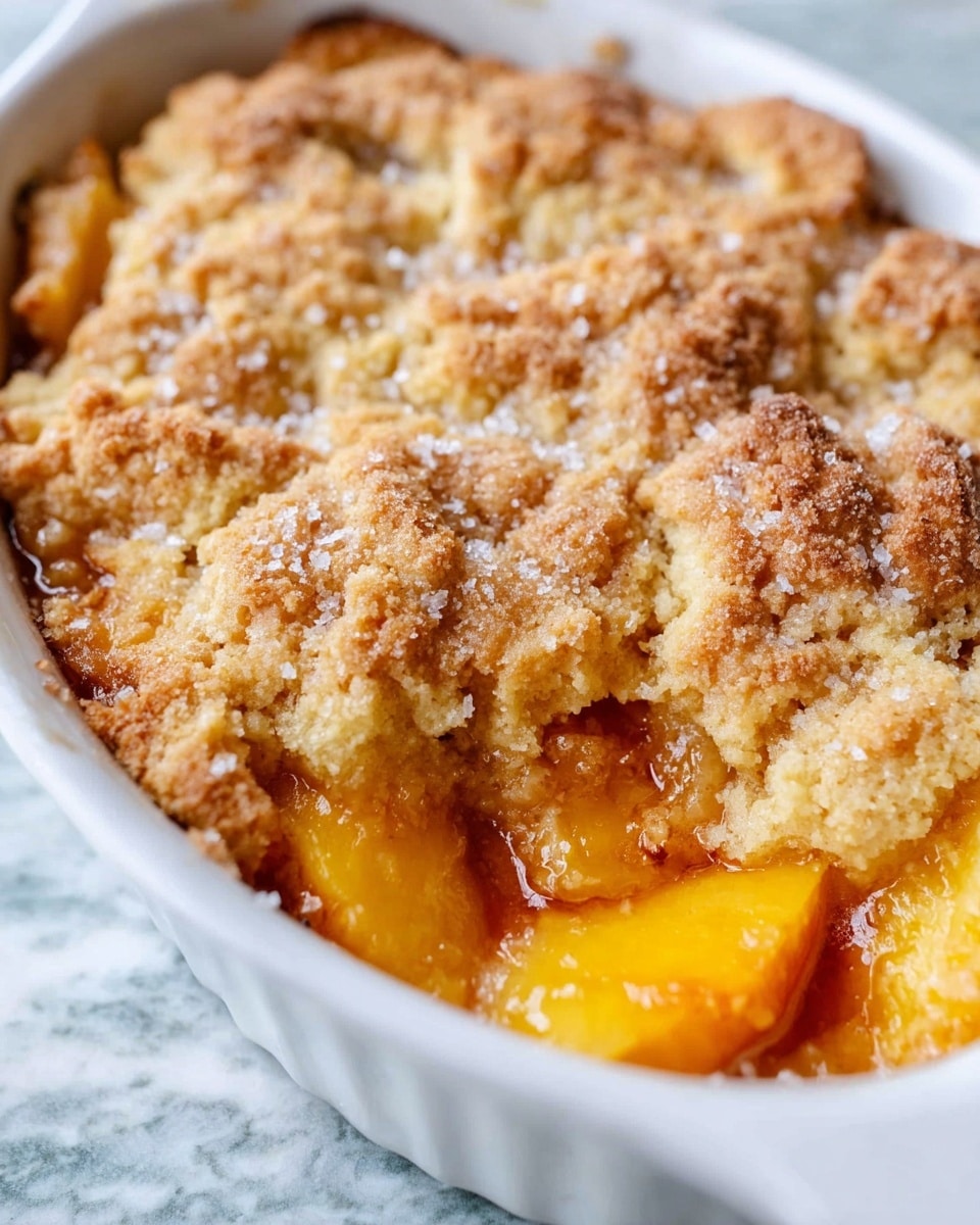 The image shows two white round bowls filled with peach cobbler on a white marbled texture. Each bowl has a thick layer of baked golden brown biscuit topping with visible sugar crystals and a rough, crumbly texture on the top. Beneath the biscuit layer, there is a juicy, syrupy peach filling in warm orange tones with soft peach slices visible. The bowl in the foreground is placed on a folded turquoise cloth, with two vintage silver spoons resting nearby on the white marbled texture. The overall presentation looks rustic and cozy. photo taken with an iphone --ar 4:5 --v 7