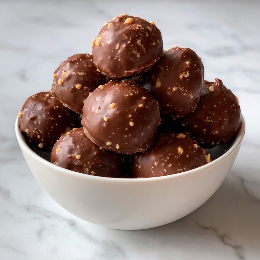 A white plate piled high with round chocolate-covered treats, each roughly the size of a large marble. The outer layer is a smooth, shiny milk chocolate coating with a few soft ridges and small bumps giving them a slightly uneven surface. Underneath the chocolate, bits of a light golden, crumbly texture are visible where the chocolate does not fully cover the base of the treats. The background shows a white marbled texture. photo taken with an iphone --ar 4:5 --v 7
