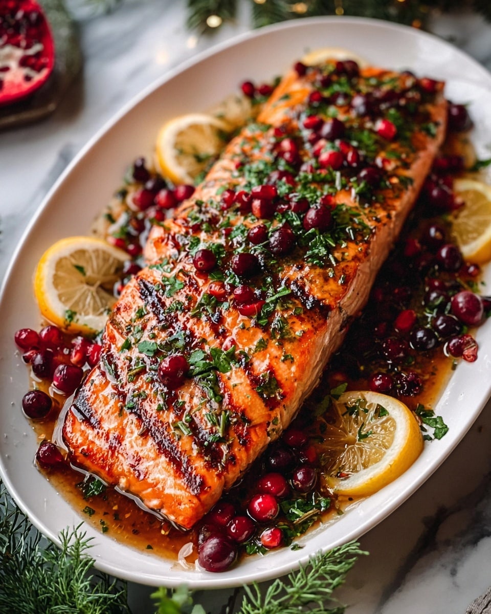 A long, thick piece of grilled salmon with a shiny, reddish-orange color lays at the center of a white oval plate, topped with a generous layer of chopped green herbs and small red cranberries scattered across the surface. Around the salmon, there are several lemon wedges with a bright yellow color placed near the edges of the plate. The plate also contains a mix of red cranberries and green herbs in a sauce that surrounds the fish. The salmon's surface shows grill marks and a slight glaze, making it look juicy and tender. The plate is set against a white marbled surface, giving a clean and bright background. photo taken with an iphone --ar 4:5 --v 7