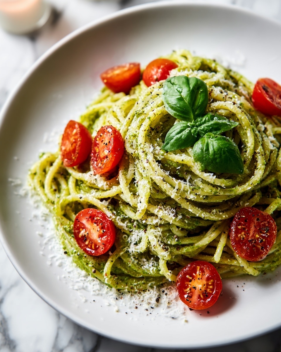 A white plate holds a single large mound of spaghetti coated in green pesto sauce, giving the noodles a glossy and slightly textured look. Bright red cherry tomato halves are scattered evenly on top and mixed through the pasta, adding vibrant pops of color. Fresh, deep green basil leaves are placed on top, contrasting with the red tomatoes and green sauce. The dish is finished with a light sprinkle of grated cheese and small black pepper flakes spread over the entire top layer. The plate sits on a white marbled surface, softly lit from the top left, creating a fresh and inviting feel. Photo taken with an iphone --ar 4:5 --v 7