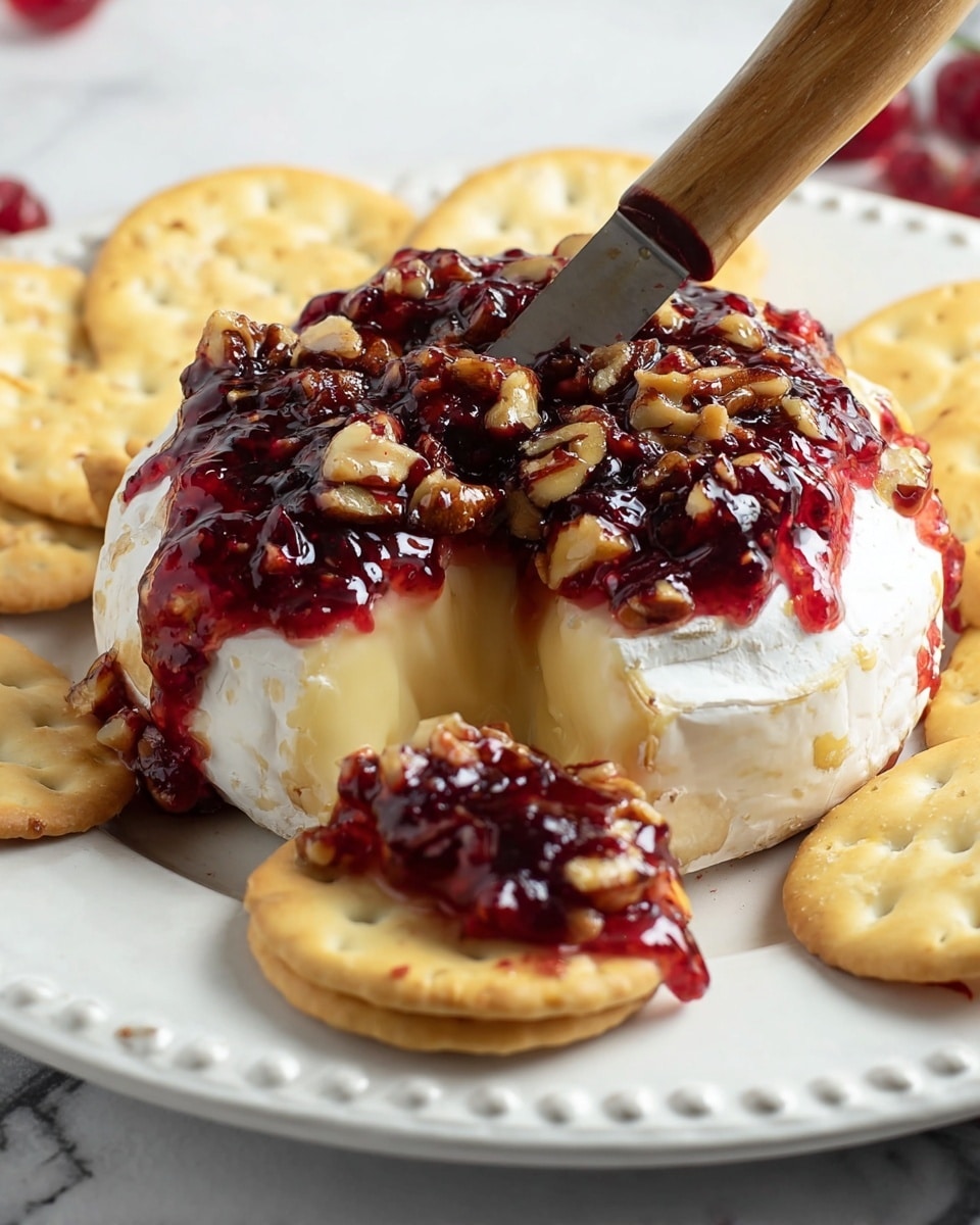 A small round wheel of soft cream cheese with a white rind is on a white plate with a detailed rim, placed on a white marbled surface. The cheese is topped with a thick, glossy layer of dark red berry jam mixed with pieces of nuts spread unevenly. One wedge of the cheese has been cut out, showing the smooth, creamy, yellow inside of the cheese. A wooden-handled cheese knife is stuck into the jam layer. Around the cheese, round pale yellow crackers are scattered, with one cracker in the front topped with melted cheese, jam, and nuts. Photo taken with an iphone --ar 4:5 --v 7