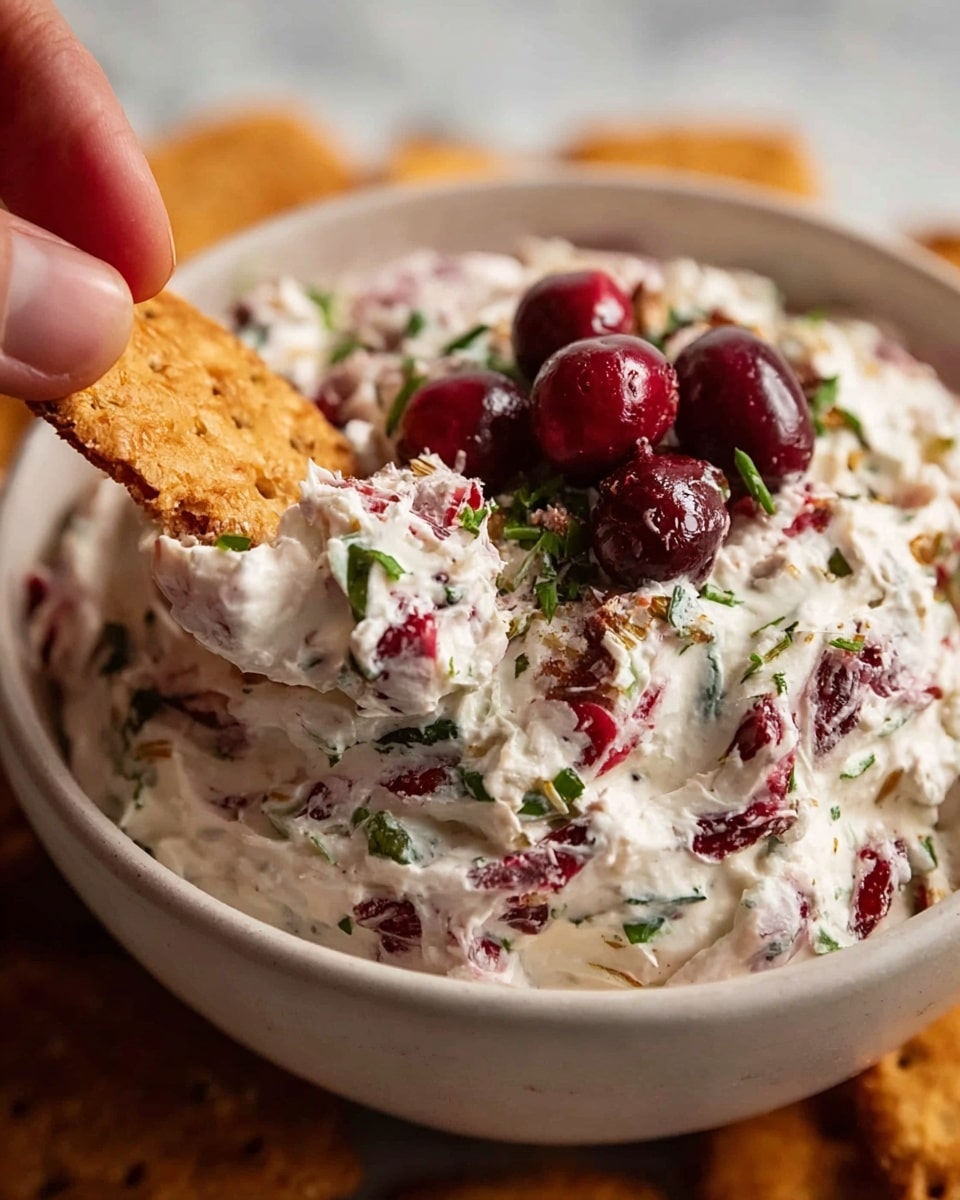 A close-up image of a white bowl filled with thick creamy white cheese spread mixed with red dried cranberries and chopped green herbs, creating a textured and colorful mix throughout. On top of the spread, there are several whole fresh red cranberries and small green herb leaves scattered as garnish. A hand is holding a light brown crispy bread slice dipped halfway into the spread, showing the creamy texture clinging to the bread. The background shows more light brown crispy bread pieces blurred out over a white marbled surface. photo taken with an iphone --ar 4:5 --v 7