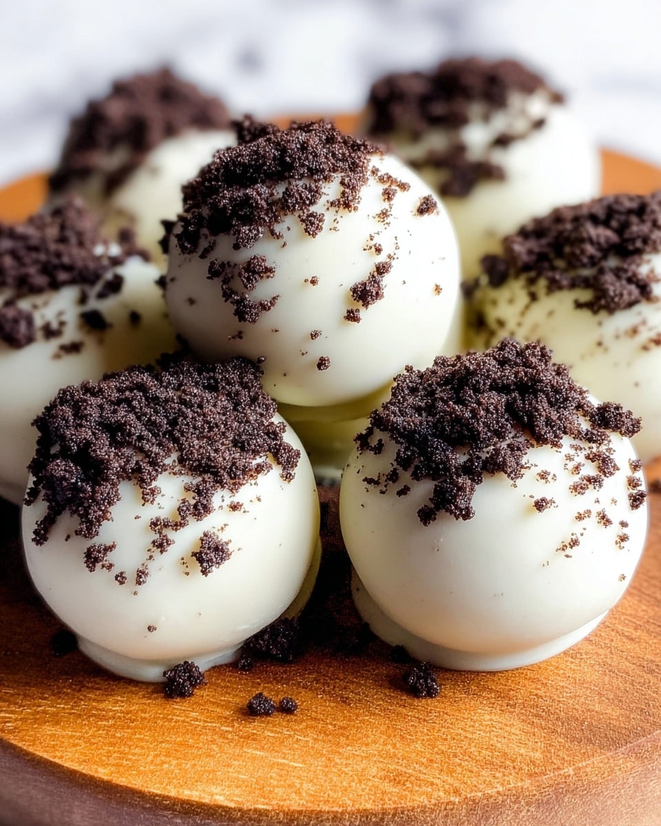 A close-up of round white balls coated in a smooth white layer, each topped with crumbled dark brown cookie pieces sprinkled unevenly on the very top and sides. The balls are piled closely together, resting on a wooden surface that shows warm golden brown tones and subtle grain patterns. The white coating is glossy and smooth, contrasting with the rough, crumbly texture of the dark cookie crumbs on top. Photo taken with an iphone --ar 4:5 --v 7