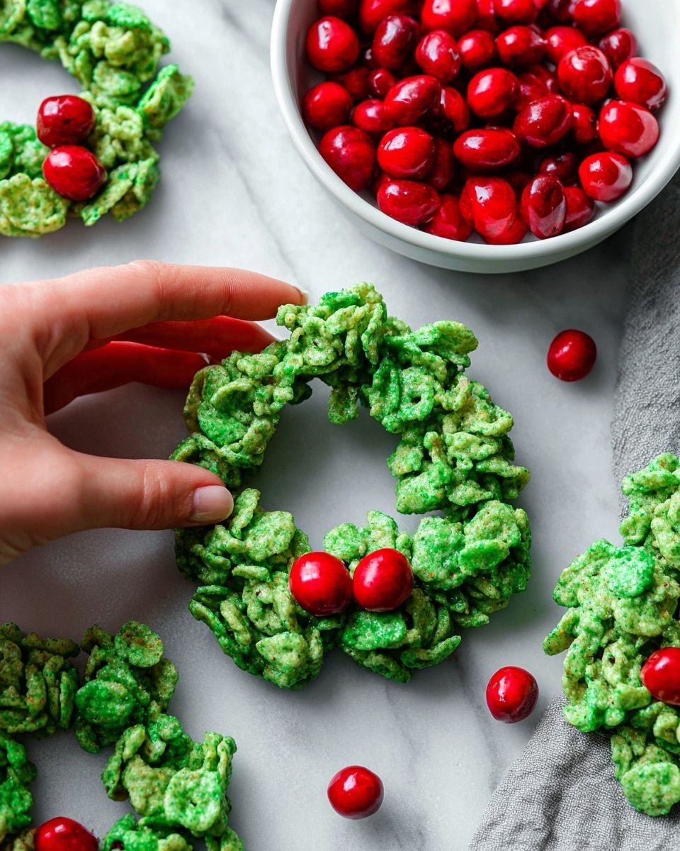 The image shows small clusters of bright green coated cereal pieces arranged on a white marbled surface, each cluster uneven in shape with a glossy, thick green coating. On top of one cluster near the center, a woman's hand is placing three shiny, round red candies in a triangular shape. In the upper left part of the image, there is a small white bowl filled with the same red round candies. Some green clusters have a few red candies already placed, and tiny green frosting smudges are scattered around the surface. Photo taken with an iphone --ar 4:5 --v 7