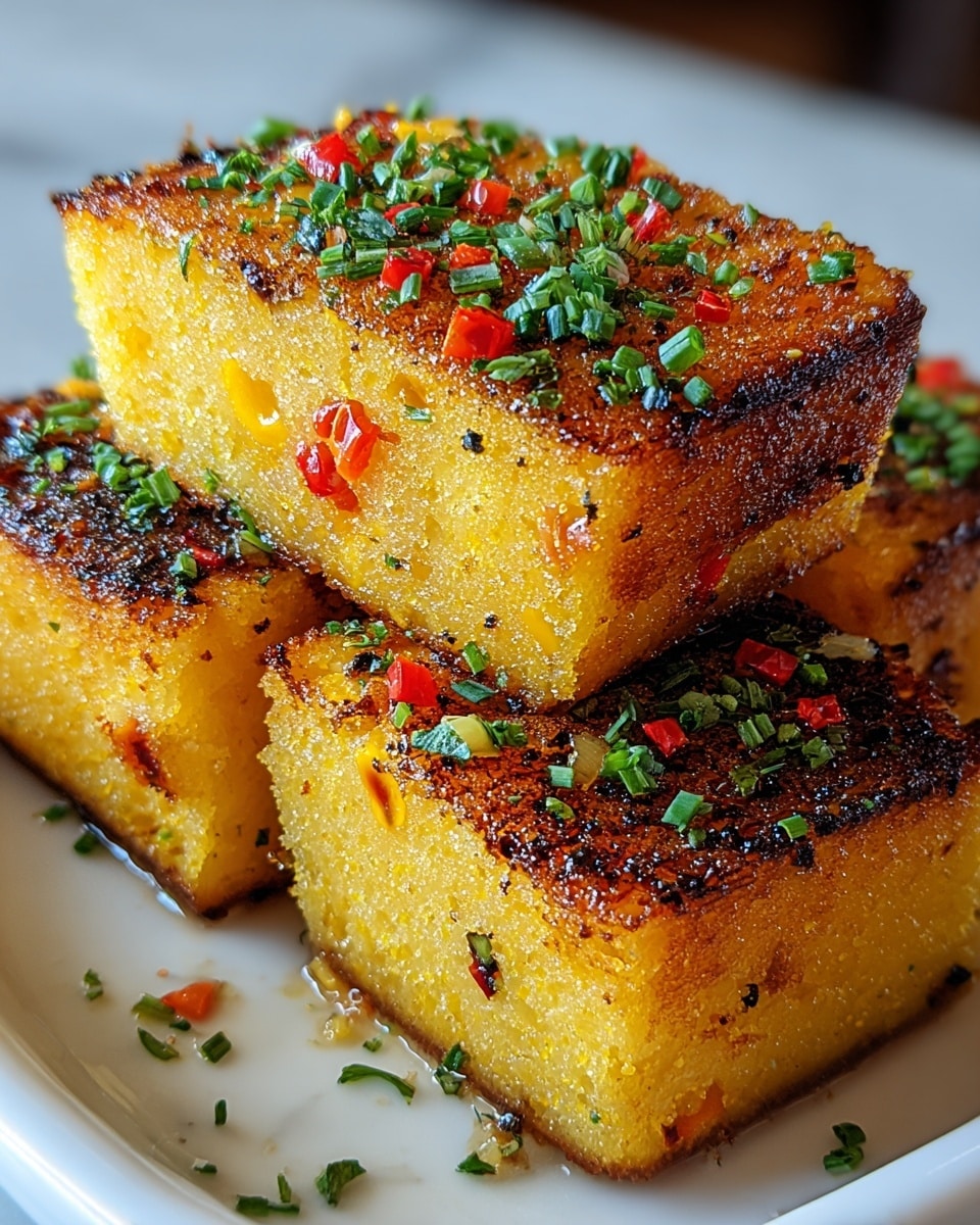 Four square-shaped pieces of fried cornbread stacked in two layers on a white plate with a white marbled surface. Each piece is golden yellow with a crispy, dark brown crust on the edges and small bits of red and yellow visible inside. The top layer is sprinkled with finely chopped green herbs and small red pieces, giving a fresh and colorful look. The texture looks crunchy on the outside and soft inside. Some small chopped herbs are scattered around the plate. photo taken with an iphone --ar 4:5 --v 7