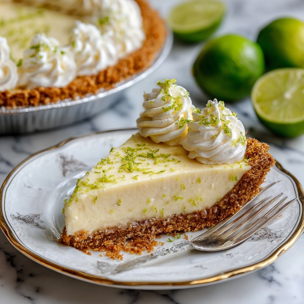 A slice of key lime pie with three layers is shown on a white decorative plate with a gold rim; the bottom layer is a golden brown crumbly crust, the middle layer is a smooth pale yellow lime filling with tiny green lime zest sprinkled on top, and the top layer is a swirl of white whipped cream on the left side of the slice. Behind the plate, there is a pie pan with the remaining pie, showing the same layers and decorated with white whipped cream swirls and green zest. Whole and halved green limes are placed to the right on a white marbled surface. A silver fork is beside the slice on the plate. Photo taken with an iphone --ar 4:5 --v 7