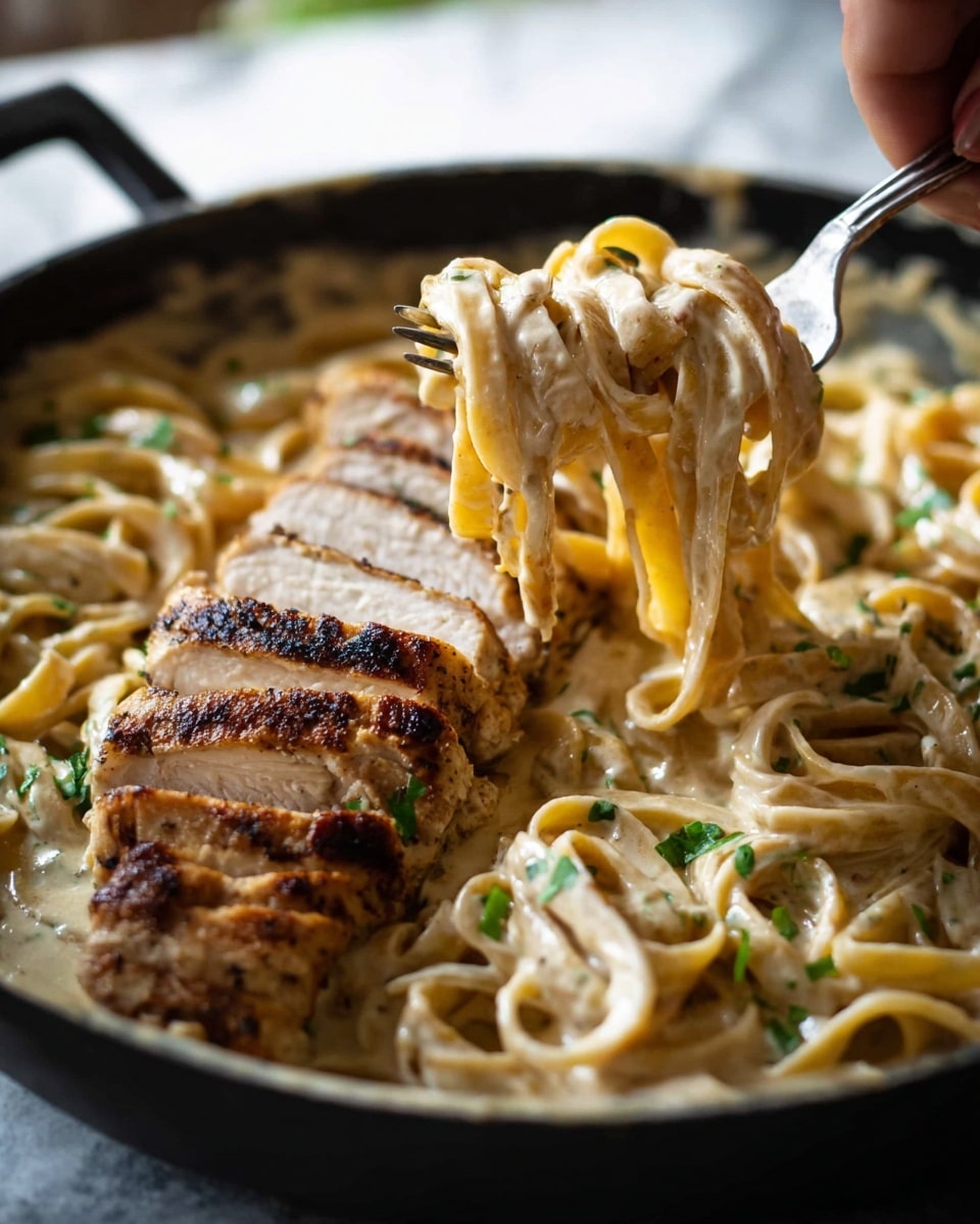 A close-up of a black pan filled with creamy fettuccine pasta as the bottom layer, coated in a light beige sauce with small green herb pieces scattered throughout. On top, several slices of grilled chicken breast with browned and slightly charred edges form a neat row down the center. A woman's hand holds a fork lifting a bite of fettuccine wrapped around the tines along with a thick piece of grilled chicken, the chicken showing a seared golden-brown crust and tender inside. The dish sits on a white marbled surface with natural light softly illuminating the food, highlighting the creamy texture of the sauce and the juiciness of the chicken. Photo taken with an iphone --ar 4:5 --v 7