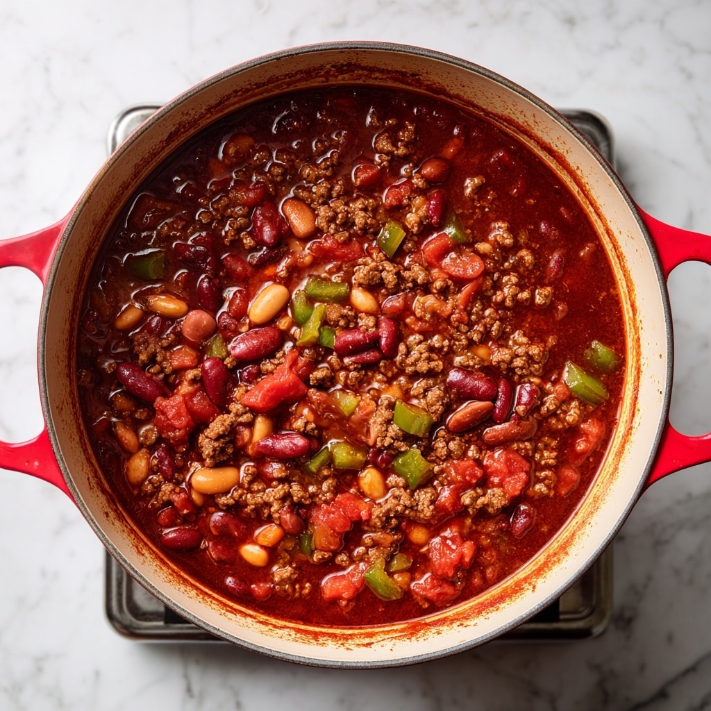 A large red pot filled with thick chili sits on a stovetop, showing a rich, chunky texture with visible layers of browned ground meat, mixed beans in shades of orange and red, diced tomatoes, and flecks of green peppers throughout a deep reddish-brown sauce. The sides of the pot have some chili residue, indicating it has been stirred well. The stovetop knobs are visible to the right, with a white marbled wall in the background. photo taken with an iphone --ar 4:5 --v 7