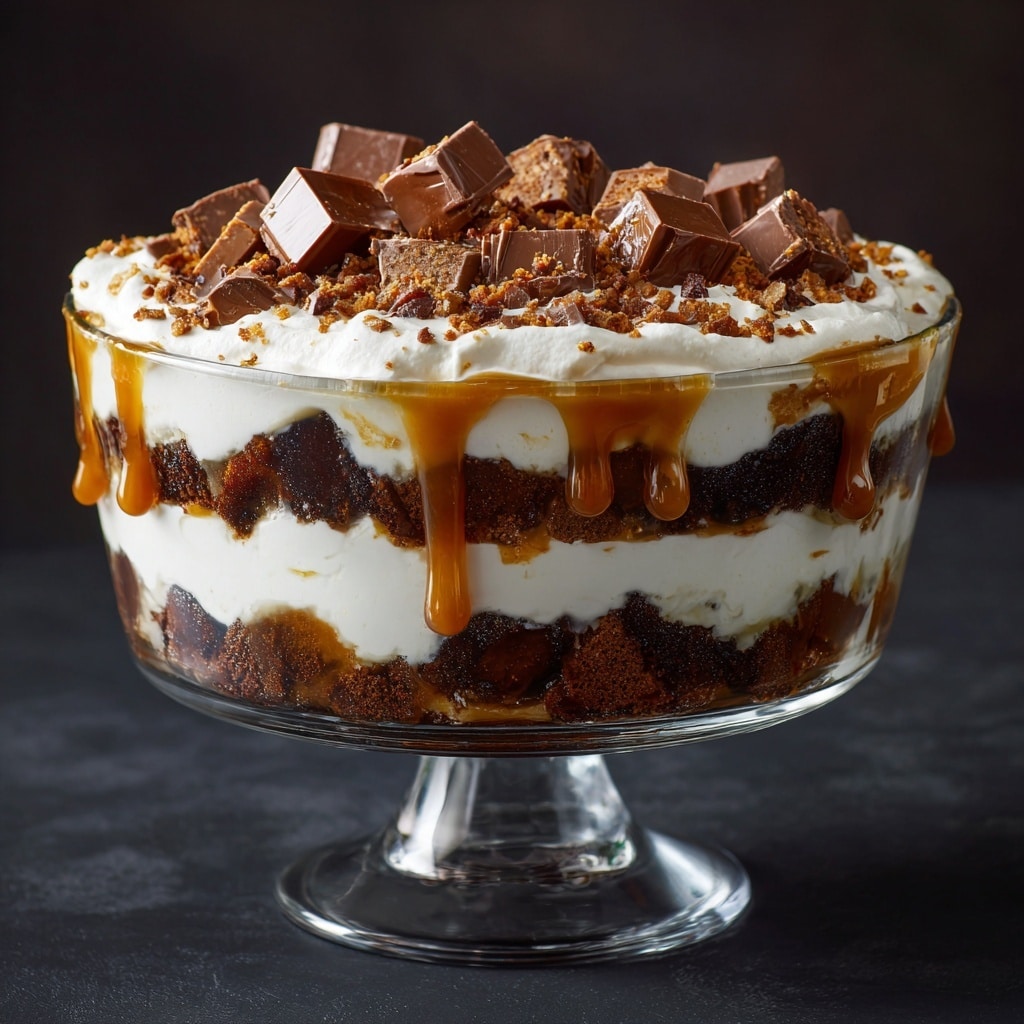 The image shows a clear glass bowl filled with a layered dessert arranged in about five visible layers. The bottom layer consists of light brown cake or cookie pieces, followed by a thick layer of white creamy whipped topping. Above that is a glossy, golden caramel sauce that drips slightly down the sides of the bowl. This is followed by another layer of the light brown cake or cookie chunks, again topped with a thick layer of white cream. On top of the dessert is a heap of crushed cookie crumbs and large chunks of milk chocolate arranged evenly. The bowl sits on a white marbled surface. photo taken with an iphone --ar 4:5 --v 7
