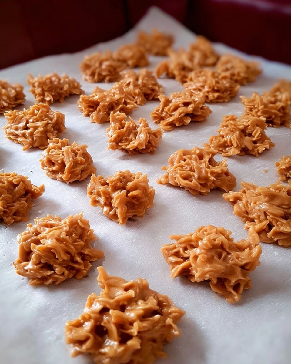 The image shows a pile of crunchy clusters made from light brown melted chocolate mixed with rice cereal. The clusters look rough and irregular in shape, with the thin rice cereal strands sticking out all over. They are heaped together on a round white plate placed on a white marbled surface. The texture looks crunchy and slightly glossy from the melted chocolate coating. Photo taken with an iphone --ar 4:5 --v 7