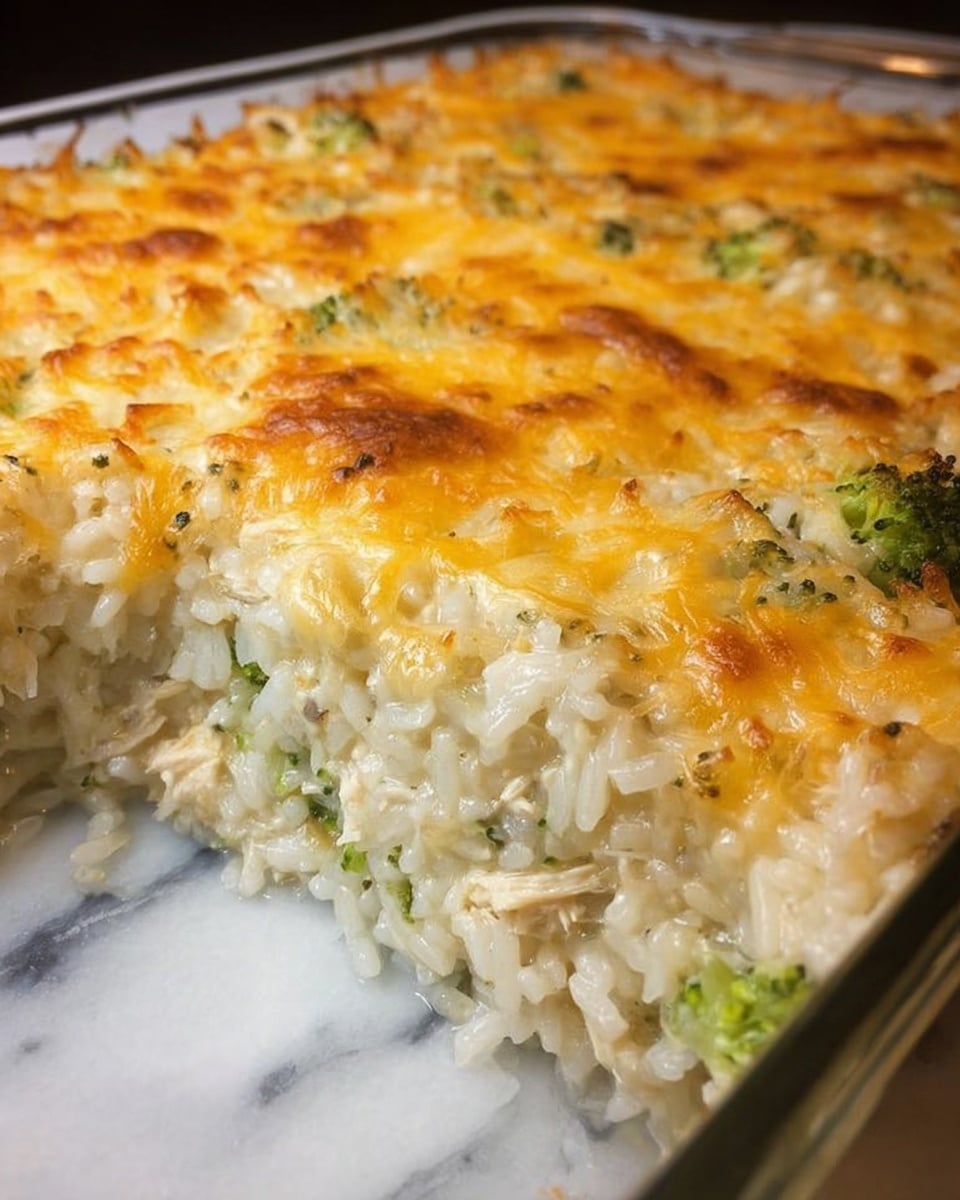 The dish is a baked casserole with two main visible layers. The bottom layer is made from white rice mixed with small green broccoli pieces and bits of shredded white chicken, showing a soft and slightly moist texture. The top layer is a golden-brown melted cheese crust that looks bubbly and slightly crispy, covering the entire surface with speckles of light yellow and brown. The casserole is in a clear glass baking dish sitting on a white marbled surface, and a portion of the dish is removed, revealing the layers inside. Photo taken with an iphone --ar 4:5 --v 7