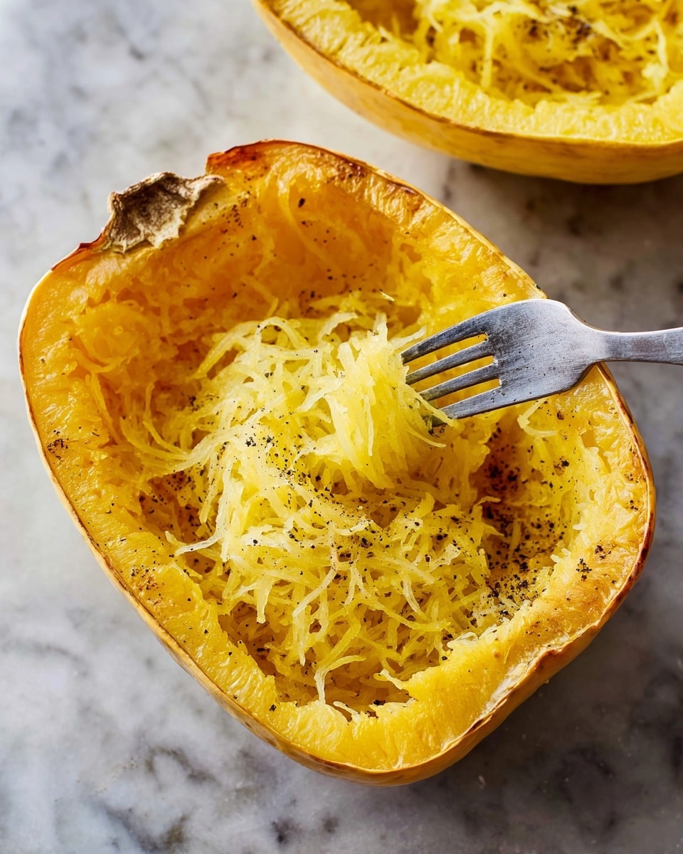 A close-up view of two halves of cooked spaghetti squash resting on parchment paper over a white marbled surface, the front half showing spaghetti-like yellow strands of flesh being gently separated with a silver fork; the squash edges are golden brown and slightly charred with black pepper sprinkled on the strands, showing a soft and fibrous texture against the sturdier outer shell. photo taken with an iphone --ar 4:5 --v 7