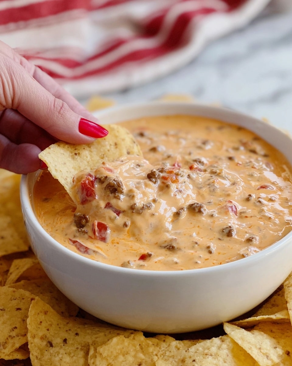 A white bowl filled with a creamy, thick dip that is light orange with small bits of brown meat and red pieces mixed throughout, topped with green parsley leaves scattered over the surface. A white and gold spoon rests inside the dip, partially submerged. Around the bowl is a white marbled texture with many light-colored, irregular-shaped tortilla chips arranged loosely. photo taken with an iphone --ar 4:5 --v 7