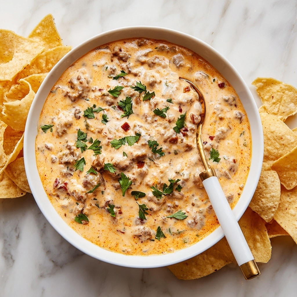 A close-up of a white bowl filled with creamy, orange-colored cheese dip mixed with small pieces of red tomatoes and browned ground meat, creating a textured and thick consistency. A woman's hand with red nail polish is dipping a light yellow tortilla chip into the cheese dip, lifting a scoop covered in the creamy mixture. Surrounding the bowl are scattered light yellow tortilla chips. The scene is set on a white marbled surface with a blurred red and white striped cloth in the background. Photo taken with an iphone --ar 4:5 --v 7