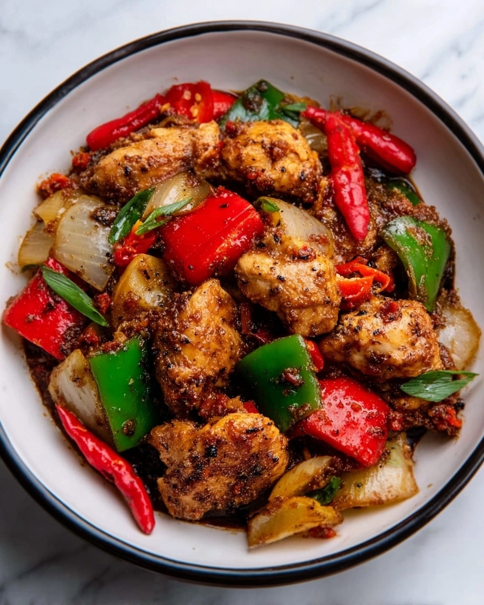 The dish is served in a white bowl filled with several pieces of cooked chicken mixed with chunky vegetables. There are red and green bell pepper pieces, light brown onion chunks, and a dark brown sauce coating the chicken and vegetables. The chicken pieces have a textured, crispy look with seasoning visible on top. Some small chili peppers are scattered on and around the dish, adding a pop of red color. The bowl sits on a white marbled surface. photo taken with an iphone --ar 4:5 --v 7