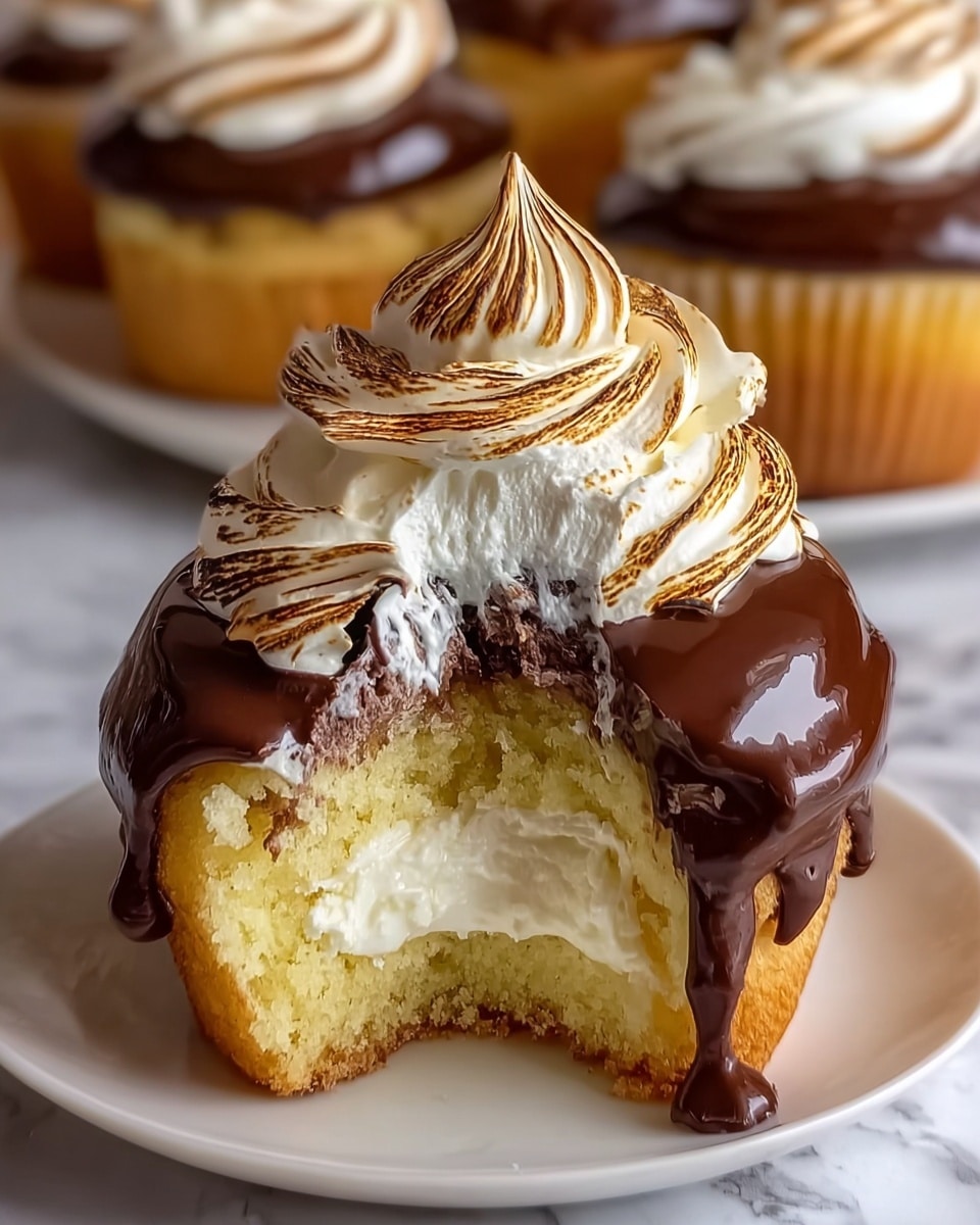 The image shows a close-up of a cupcake with three layers. The bottom layer is a soft yellow cake with a moist texture. The middle layer is thick white cream filling, visible where a bite has been taken out, showing its smooth and fluffy texture. The top layer is a shiny dark chocolate glaze that is slightly melted and drips down the cake. On top, there is a swirl of white whipped cream with streaks of toasted brown, adding a textured contrast. The cupcake sits on a white plate on a white marbled surface, with blurred cupcakes of the same kind in the background. photo taken with an iphone --ar 4:5 --v 7