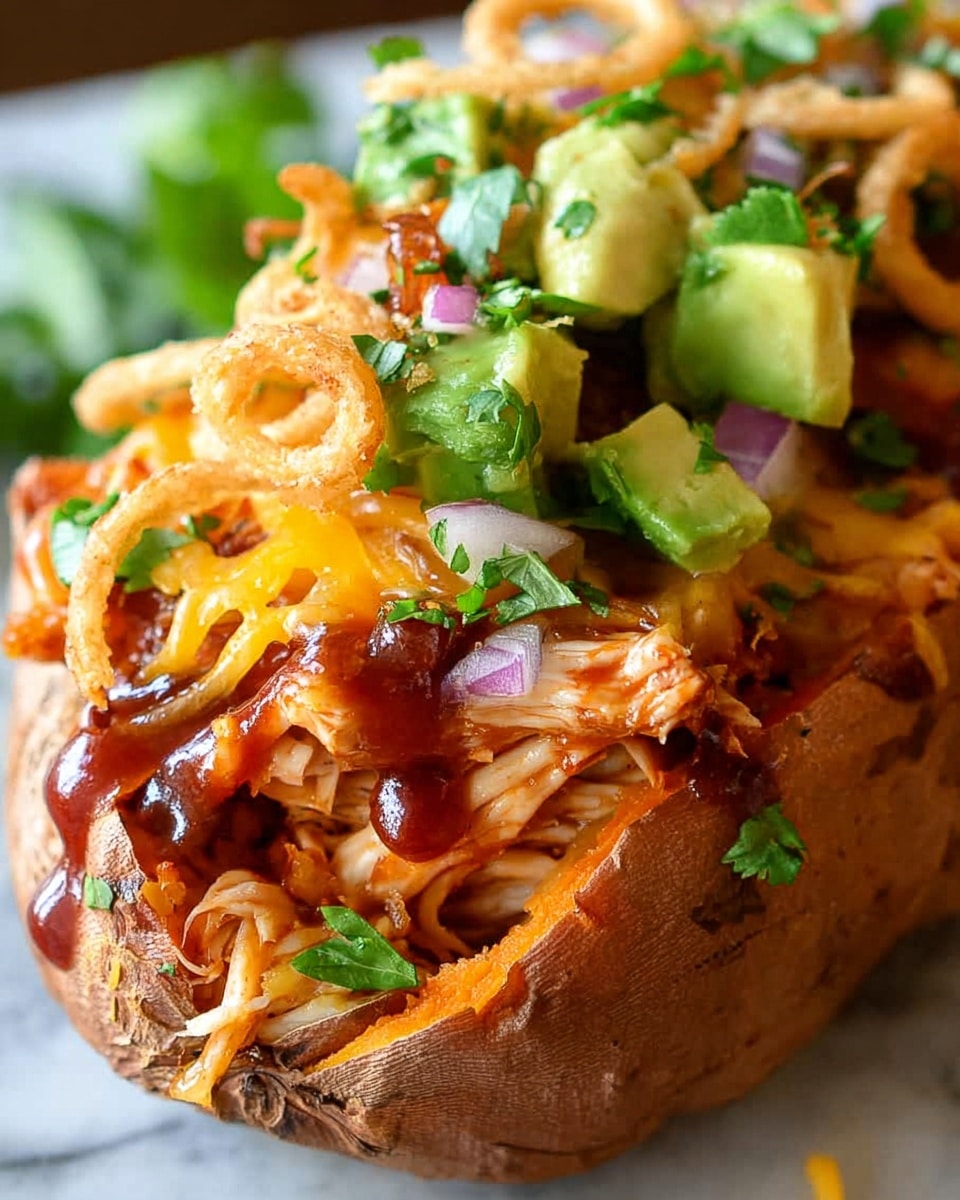 A baked sweet potato cut in half serves as the base, with its warm orange flesh visible and slightly mashed. On top, there is a layer of melted bright orange cheese, followed by shredded chicken that peeks through. The potato is generously topped with crispy light golden onion rings, chunky diced green avocado pieces, a drizzle of dark brown barbecue sauce, and fresh chopped green cilantro scattered over the top. The dish sits on a wooden surface with a white marbled texture in the background near a silver metal fork and a clear glass baking dish filled with more potato halves. Photo taken with an iphone --ar 4:5 --v 7