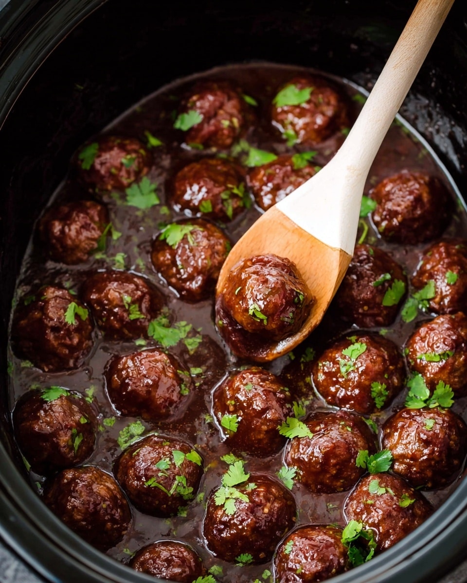 The image shows many small round meatballs covered in a thick, shiny brown sauce inside a black pot. The meatballs have a slightly rough surface texture and are scattered closely together, with pieces of fresh green cilantro leaves sprinkled on top, adding a bright color contrast. There is a white spoon partly dipped in the sauce on the right side of the pot. The sauce looks smooth and glossy, pooling around the meatballs at the bottom. The background is a white marbled texture. photo taken with an iphone --ar 4:5 --v 7