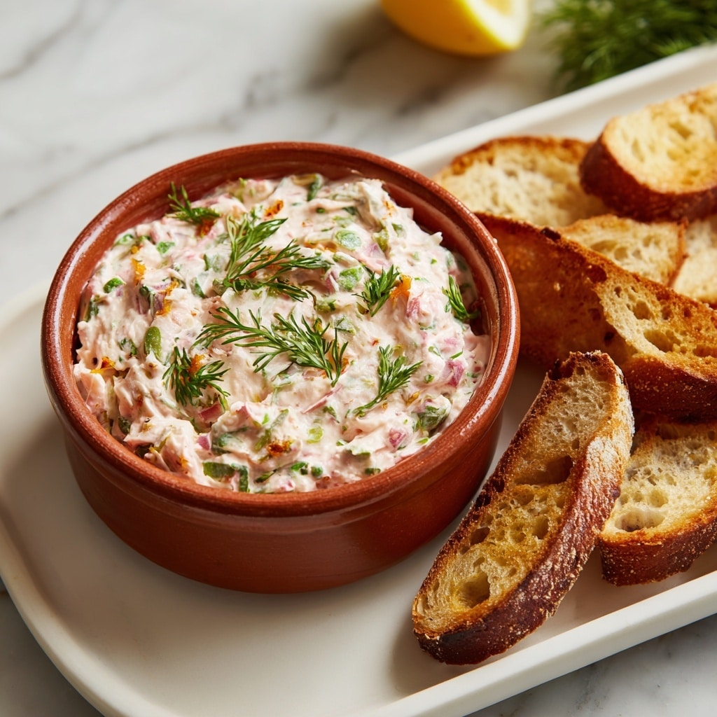 A bowl of creamy salmon spread with visible pieces of pink salmon and green herbs, topped with delicate sprigs of fresh dill, sits on the right side of a white rectangular tray. To the left of the bowl, there are many toasted bread slices, golden brown with a crunchy texture and some small black pepper specks. The tray is placed on a white marbled textured surface, and in the background, there is fresh dill and a lemon cut in half. photo taken with an iphone --ar 4:5 --v 7