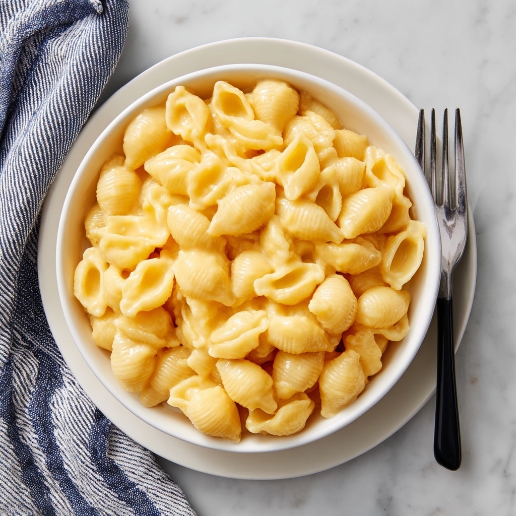 A white bowl filled with creamy macaroni and cheese made from small shell pasta covered in a thick, smooth, light yellow cheese sauce. The bowl sits on a white plate, placed on a white marbled surface. Beside the plate, there is a fork with a black handle and a striped blue and white cloth partially visible in the top corner. The overall look is warm and comforting, with the cheese sauce evenly coating each pasta shell, giving a soft, glossy texture. photo taken with an iphone --ar 4:5 --v 7