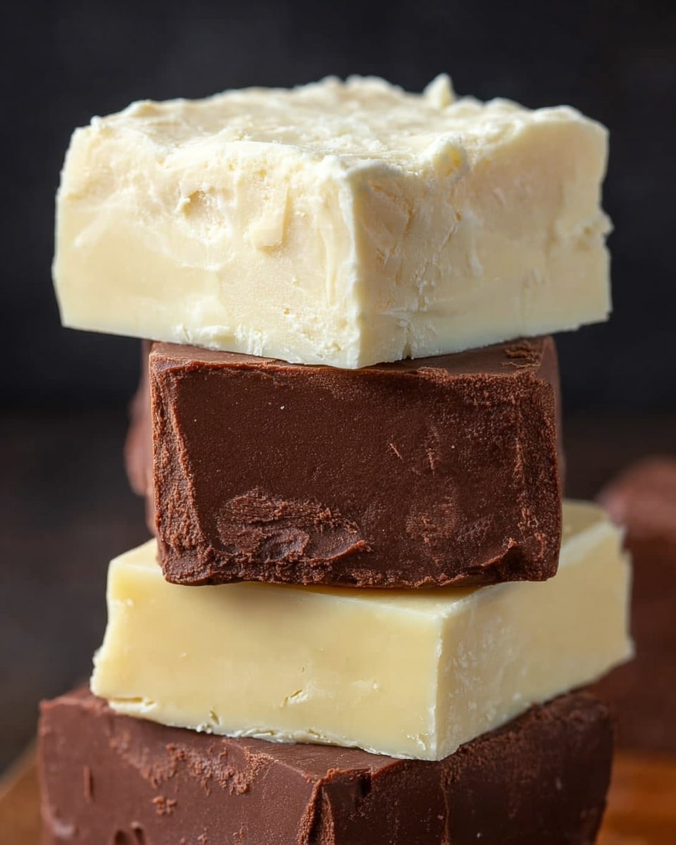 The image shows a close-up of several square fudge pieces stacked together on white parchment paper. There are two types of fudge: one is creamy light beige in color, smooth and slightly shiny, while the other is rich brown with a matte finish and subtle ripple textures on the surface. The fudge pieces are unevenly stacked in a loose pile, showing rough edges and slight cracks. The background is a white marbled surface that adds a clean and bright contrast to the warm tones of the fudge. photo taken with an iphone --ar 4:5 --v 7