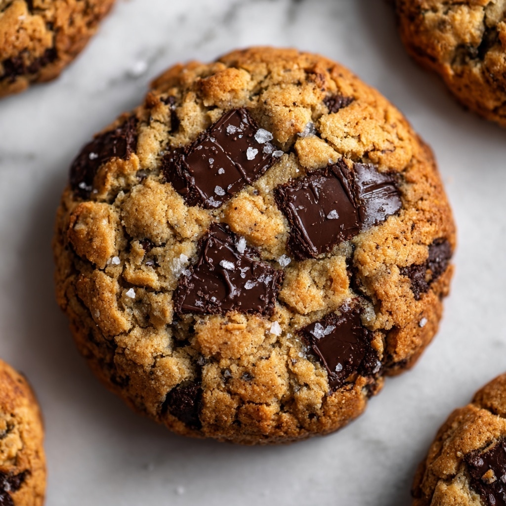 The image shows a close-up view of a single large chocolate chip cookie with a rough and cracked golden-brown surface, dotted with several melted, glossy dark brown chocolate chunks embedded deep into the cookie. The cookie surface also has a few sparkling grains of coarse salt scattered on top, adding texture contrast. Around the main cookie, parts of other similar cookies are visible on a white marbled texture, creating a cozy baked good setting. photo taken with an iphone --ar 4:5 --v 7