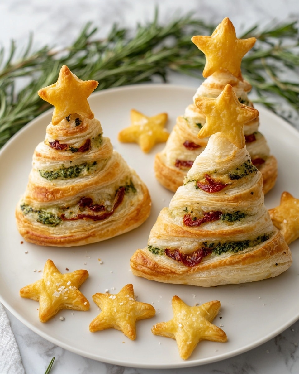 The image shows two small Christmas tree-shaped puff pastries on a white plate with a white marbled texture underneath. Each pastry is made of several golden-brown, flaky layers twisted to form a cone shape, decorated with green herb and pesto swirls, small pieces of reddish-brown sausage, and sprigs of rosemary peeking through the layers. The top of each pastry tree features a bright yellow star-shaped cracker. Around the trees on the plate, there are a few extra yellow star-shaped crackers scattered. Photo taken with an iphone --ar 4:5 --v 7