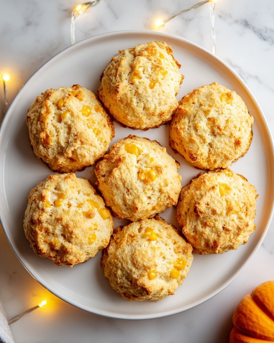 A white round plate holds eight golden-brown scones arranged in a circular pattern, each scone showing a rough, crumbly texture with small chunks of a lighter yellow ingredient visible on their tops and sides. The plate sits on a white marbled surface, softly lit with warm, small fairy lights around the edges, and an orange pumpkin is partially visible at the lower right corner of the image. photo taken with an iphone --ar 4:5 --v 7
