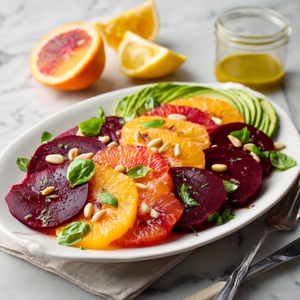 A white oval plate on a white marbled surface holds a colorful salad arranged in overlapping layers. The bottom layer consists of round slices of orange, blood orange, and grapefruit showing bright orange, deep red, and pale pink colors with a juicy texture. On top of the citrus, slices of deep red beetroot and green avocado fanned out in small half-moon shapes alternate across the plate. Small golden pine nuts are scattered over the salad, along with fresh green basil leaves adding a touch of brightness. To the right of the plate, sits a glass jar with yellow dressing inside, alongside halved lemon and orange. A silver fork lies on the surface nearby. photo taken with an iphone --ar 4:5 --v 7