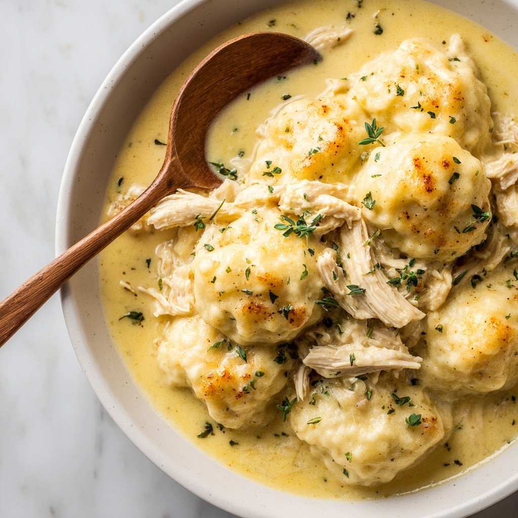A white bowl filled with a thick, golden-yellow broth that has a smooth texture. Inside the broth are several large, soft dumplings, lightly browned on the edges, layered with tender white shredded chicken scattered around and on top. Small green parsley flakes are sprinkled over the dish, adding a touch of color. The bowl is placed on a red and yellow patterned cloth, with a silver spoon nearby and a green herb in the background. A slow cooker with a digital display is blurred in the background, giving a cozy kitchen feel. Photo taken with an iphone --ar 4:5 --v 7