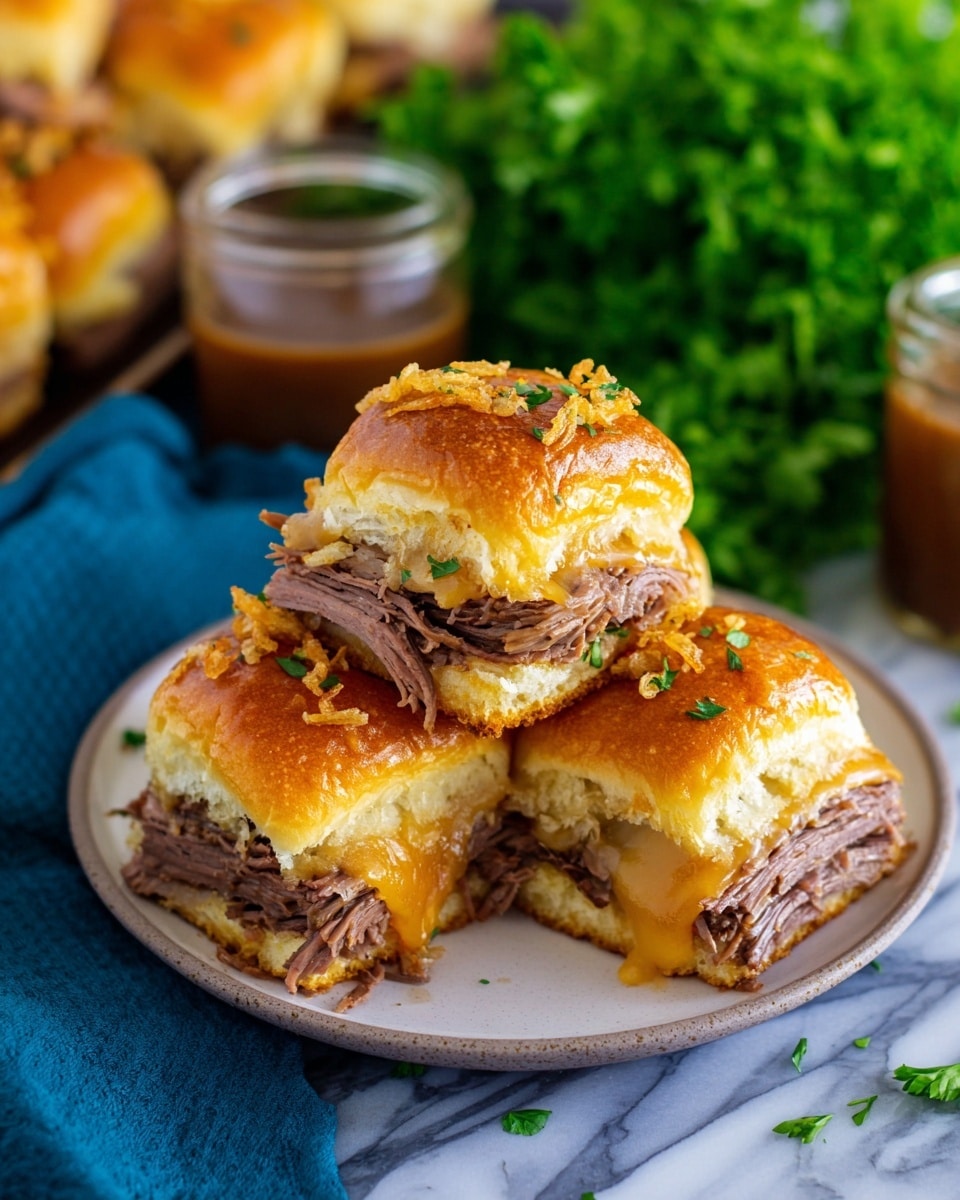 The image shows a small stack of three soft golden brown sliders on a white plate, each slider having three layers: a shiny, toasted top bun sprinkled with fried onions and herbs, a middle layer with tender, juicy slices of roast beef and melted cheddar cheese, and a bottom layer of soft bun. The sliders look slightly juicy with some cheese melting over the sides. Next to the plate is a bunch of fresh green parsley on a blue cloth with a jar of brown sauce in the background. The whole setup is on a white marbled surface. photo taken with an iphone --ar 4:5 --v 7