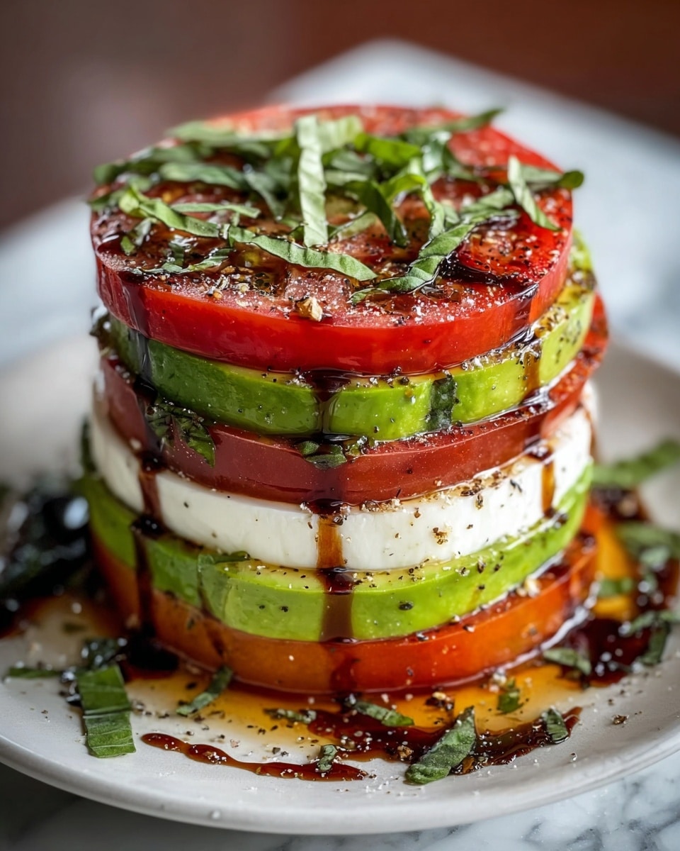The image shows a tall, layered stack of fresh vegetables and cheese on a white plate, placed on a white marbled surface. From bottom to top, the stack has a thick, green slice of cucumber, followed by a white slice of cheese, then a red tomato slice, and another green cucumber slice. These four layers repeat two more times, making a total of twelve layers. Each layer is evenly cut, with a smooth texture. The stack is topped with small green basil leaves and thin slices of green herbs, drizzled with dark balsamic glaze that spills slightly onto the plate, adding contrast. The lighting highlights the freshness and colors of the layers vividly. Photo taken with an iphone --ar 4:5 --v 7