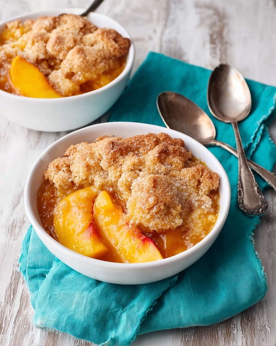 The image shows a close-up of a white oval dish filled with a peach cobbler. The bottom layer has juicy, orange peach slices, slightly soft and glossy with juice. On top, there is a thick, uneven layer of golden brown, crumbly biscuit dough, baked with a rough texture and some areas sprinkled with white sugar crystals that shine slightly. The cobbler's crust has varying shades of light beige to crispy brown, with cracks revealing the peach filling underneath. The dish rests on a white marbled surface. photo taken with an iphone --ar 4:5 --v 7