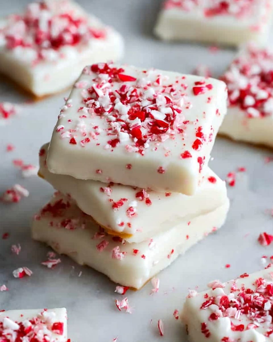 The image shows a stack of three square white treats coated evenly in a smooth, glossy white layer, each sprinkled with small red and white crushed bits on top. The bottom layer is fully covered, followed by a middle white layer, and the top layer has a slightly thicker white coating with more crushed red and white pieces scattered generously on its surface. Around the stack, similar treats lie flat on a white marbled surface with more red and white crushed bits scattered casually. Photo taken with an iphone --ar 4:5 --v 7