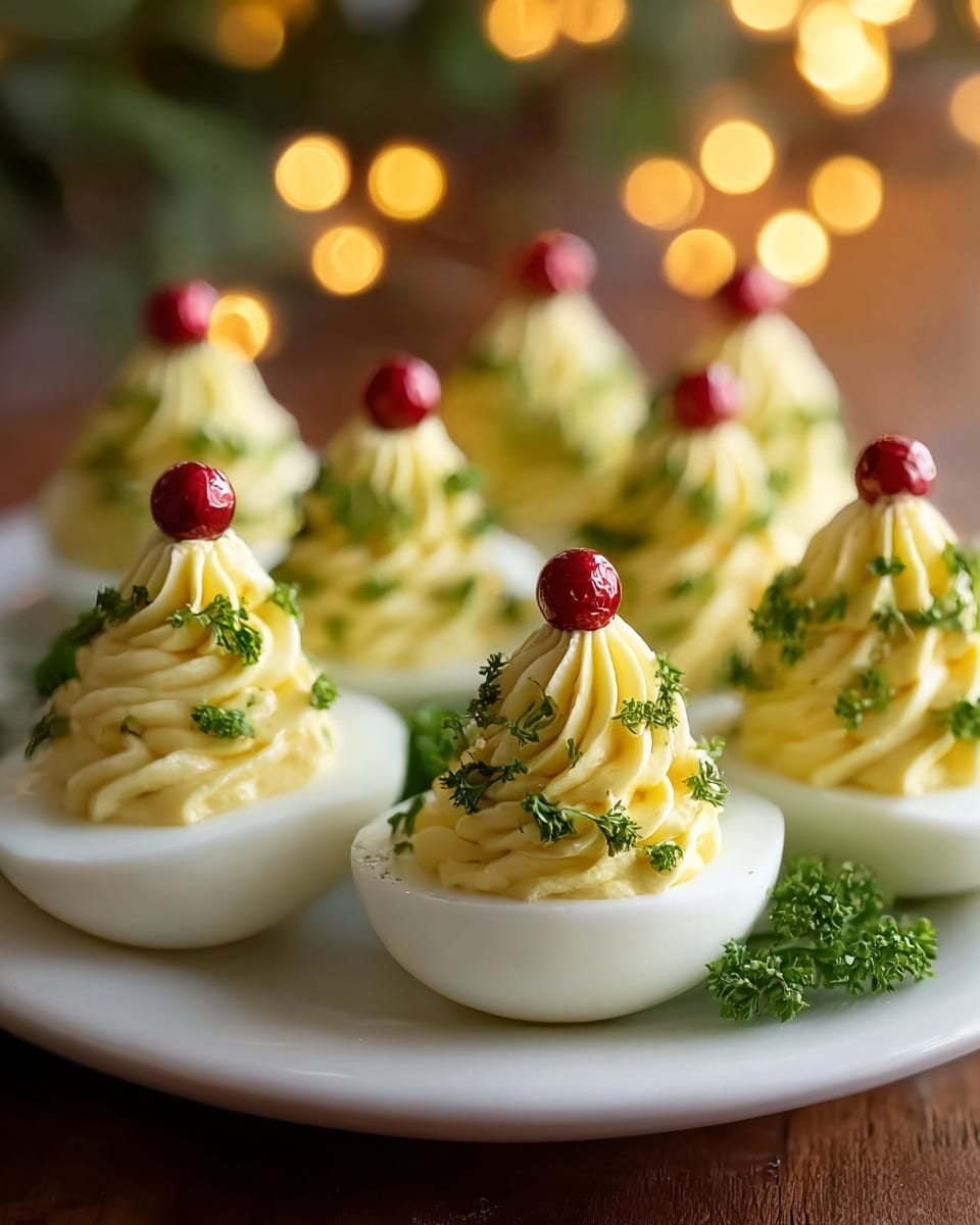 The image shows a plate of deviled eggs made to look like Christmas trees, arranged on a round white plate with a wooden edge. Each egg base is white and smooth, cut open at the top and filled with a swirled, creamy yellow filling. Sitting on the filling are small green rosemary sprigs shaped like Christmas trees, lightly dusted with powdered sugar to resemble snow. Atop each tree is a small, shiny gold star decoration. The background features a white marbled texture with blurry pine cones and red berries, adding a festive touch. photo taken with an iphone --ar 4:5 --v 7