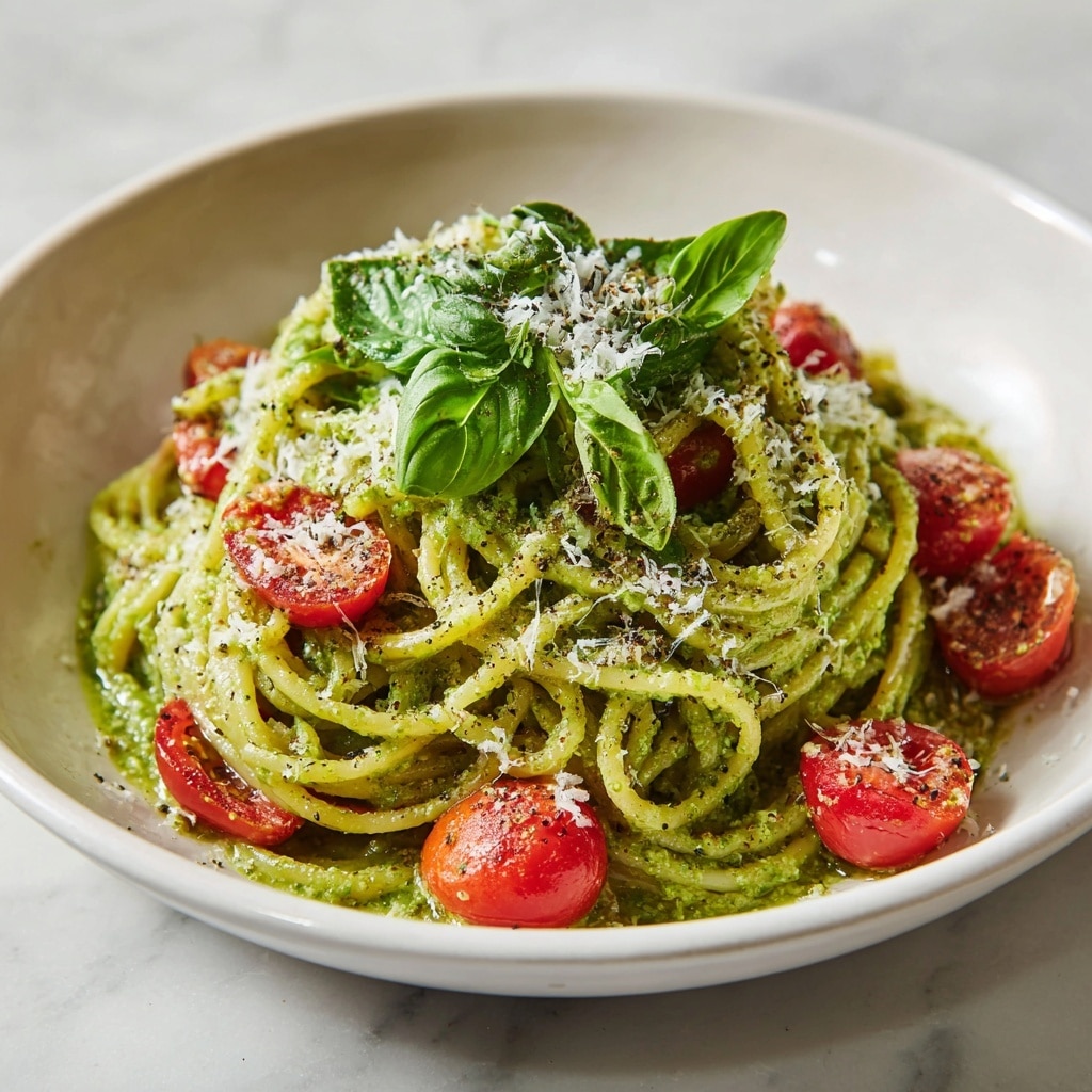 A white plate holds a serving of spaghetti coated in green pesto sauce, with the noodles twisted in a loose pile. Bright red cherry tomatoes, some halved and some whole, are scattered evenly over the pasta. Fresh green basil leaves sit on top, adding a touch of color and freshness. The dish is sprinkled with grated cheese and cracked black pepper, giving it a textured look. The plate is set on a white marbled surface with soft-focus elements in the background, enhancing the fresh and vibrant appearance. photo taken with an iphone --ar 4:5 --v 7