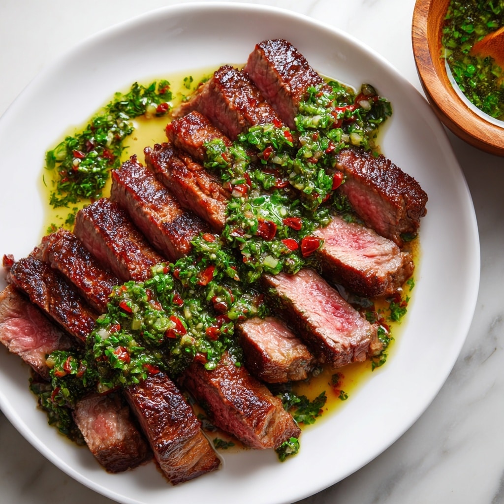 The image shows a white plate filled with sliced medium-rare steak arranged in a neat layered fan pattern, with each slice displaying a pink and juicy interior with a perfectly seared, brown crust on the edges. On top of the steak slices, there is a generous layer of bright green chimichurri sauce dotted with bits of red chili and chopped herbs for texture, spread mostly over the center and flowing slightly to the sides. To the right of the plate, a wooden bowl with some of the same green sauce is partially visible on a white marbled surface. The photo taken with an iphone --ar 4:5 --v 7