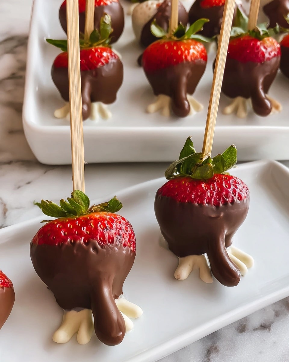 The image shows several strawberries fully dipped in shiny dark chocolate, with the green leaves of the strawberries left bare at the top. Each strawberry is pierced with a slim, shiny gold stick. There are five strawberries placed on a white marbled surface, and a woman's hand with brown nail polish is holding the gold stick of one strawberry close to the camera, showing the glossy chocolate coating clearly. The chocolate looks smooth with some small lumps near the bottom where it has dripped. photo taken with an iphone --ar 4:5 --v 7