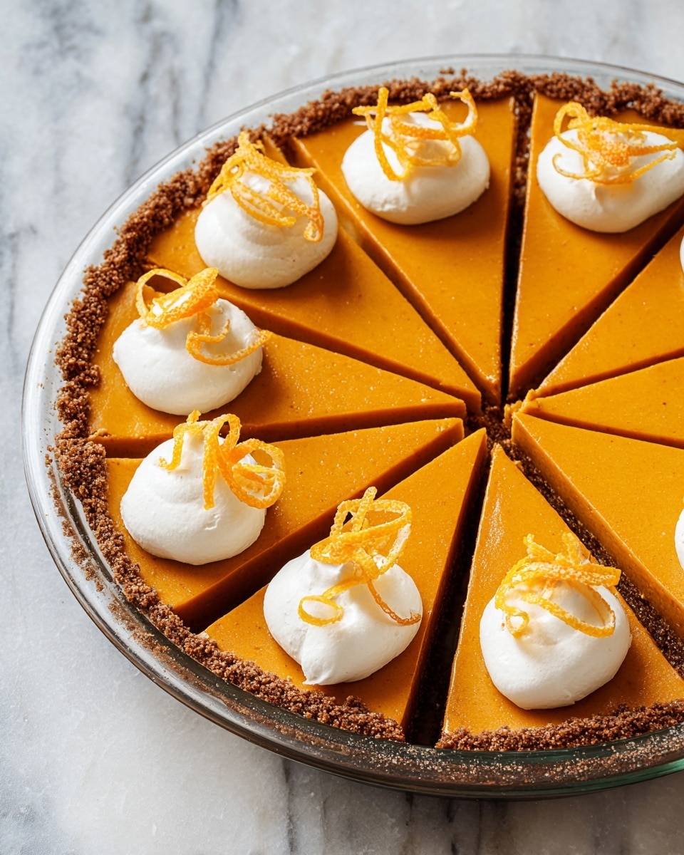 A pumpkin pie with one thick, smooth, orange layer of pumpkin filling sits in a clear pie dish with a dark brown crumb crust around the edges. The pie is cut into eight slices. Each slice has a dollop of white whipped cream on top, with an orange curled peel garnish placed on each dollop. The pie is set on a white marbled surface. photo taken with an iphone --ar 4:5 --v 7